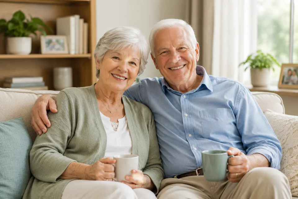 An older couple relaxing together in a bright, comfortable home