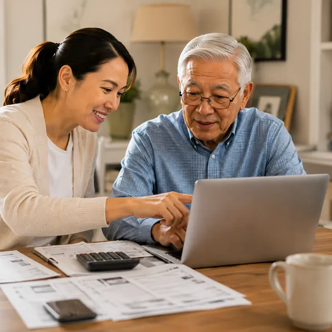 A helpful professional assisting an older man with a laptop