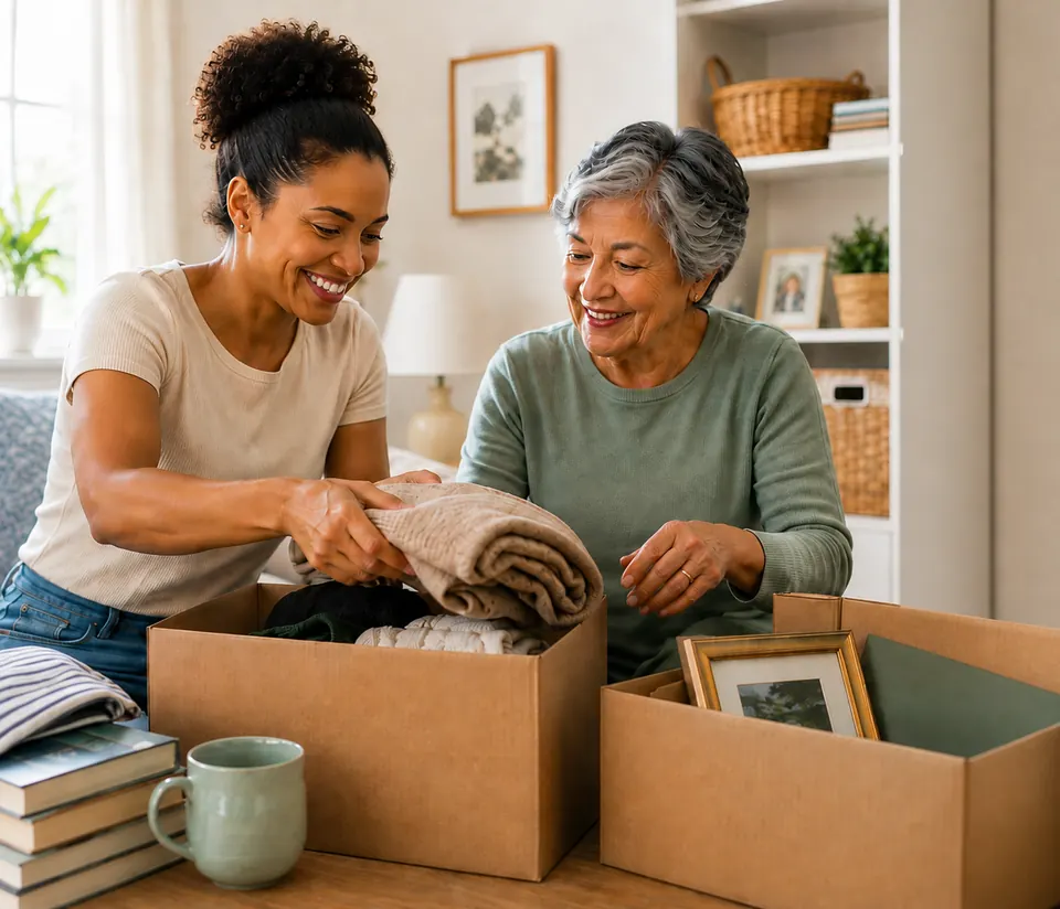 A professional helping an older woman organize belongings at home