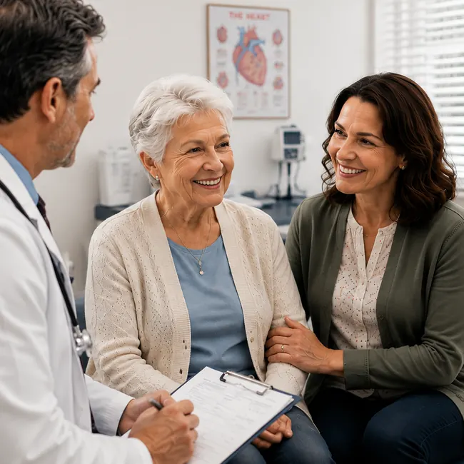 An older woman accompanied by a professional at a medical appointment